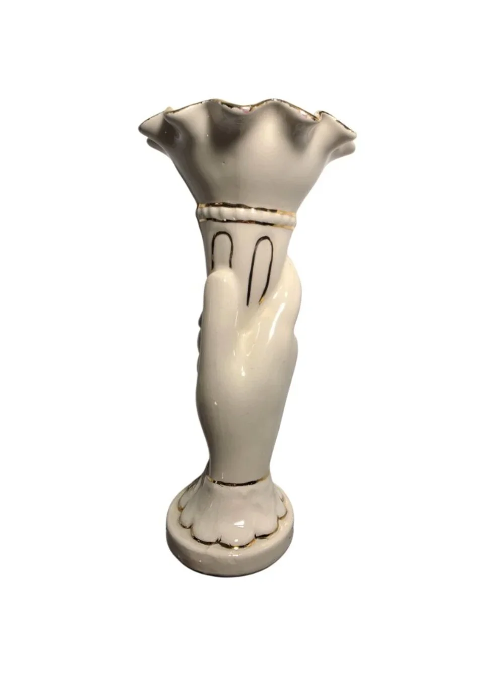 Vtg Vase Ceramic Hand Fluted Signed 1958 ruffle cream gold tone fingers torch